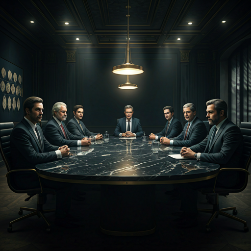 Elite executives in a dark marble boardroom