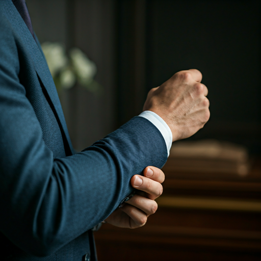 Executive adjusting a tailored suit sleeve